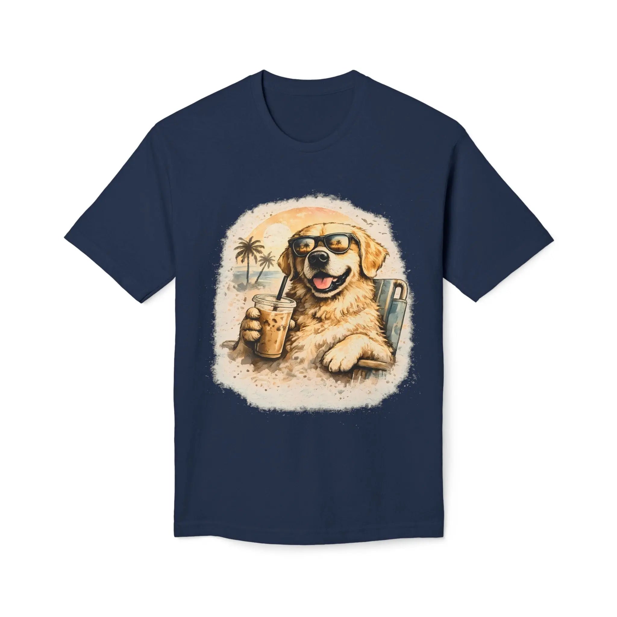 Golden Retriever Beach T-Shirt — Dog with Sunglasses & Drink Printify
