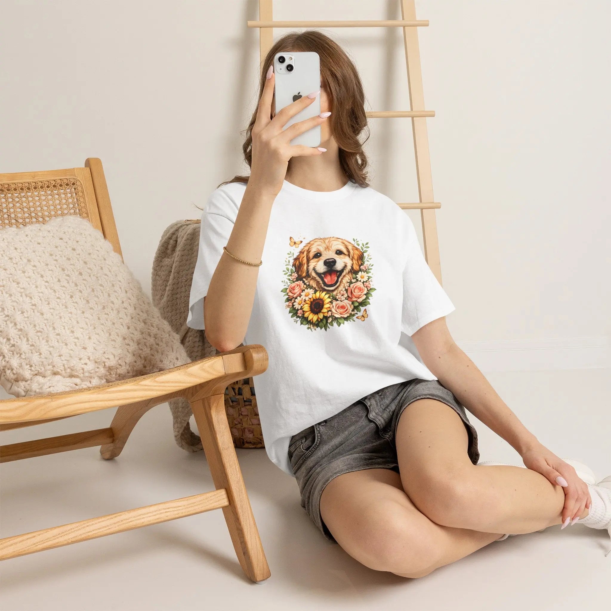Golden Retriever Floral Tee — Happy Dog with Sunflowers Graphic T-Shirt Printify