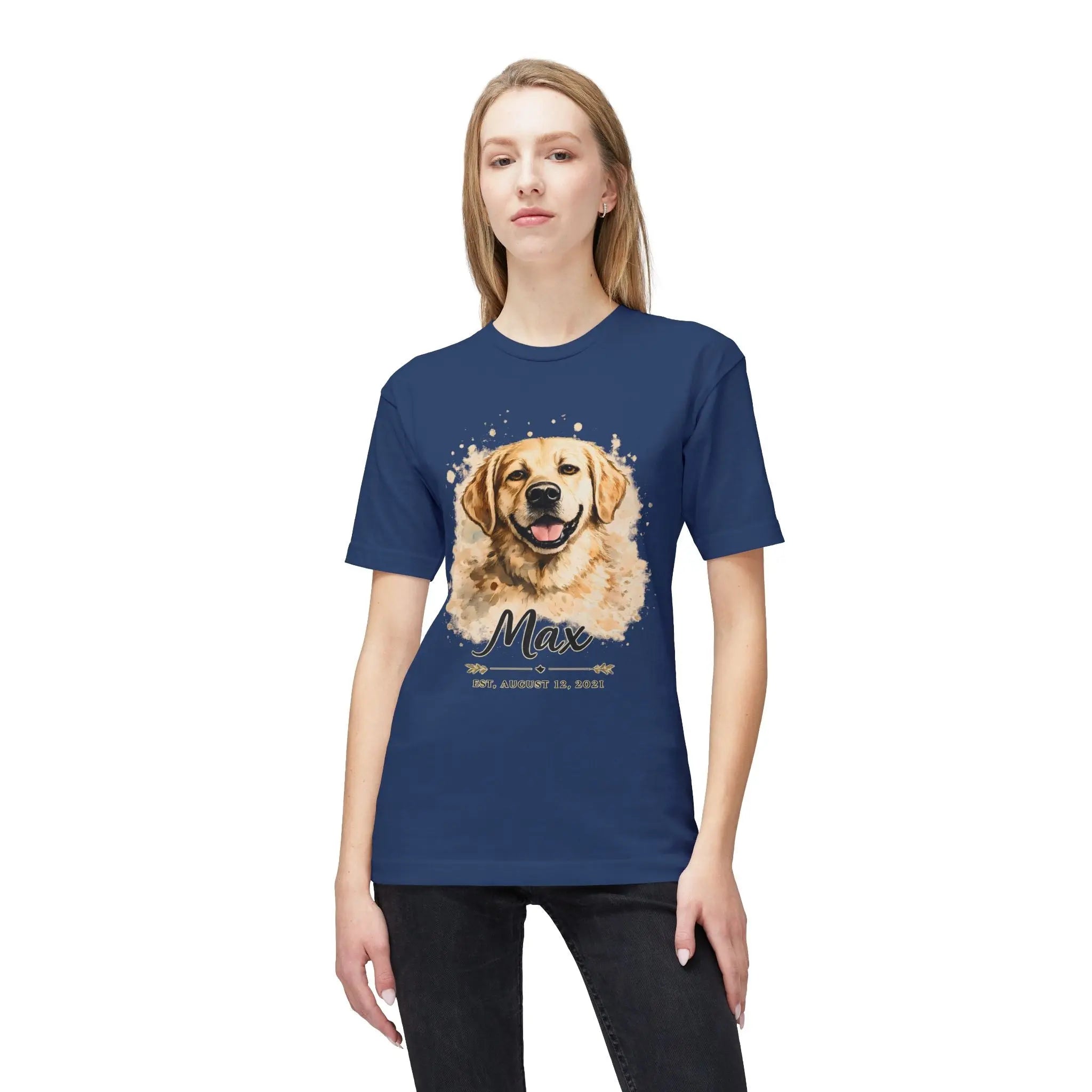 Personalized Dog Portrait Memorial T-Shirt — "Max" Name & Date Printify