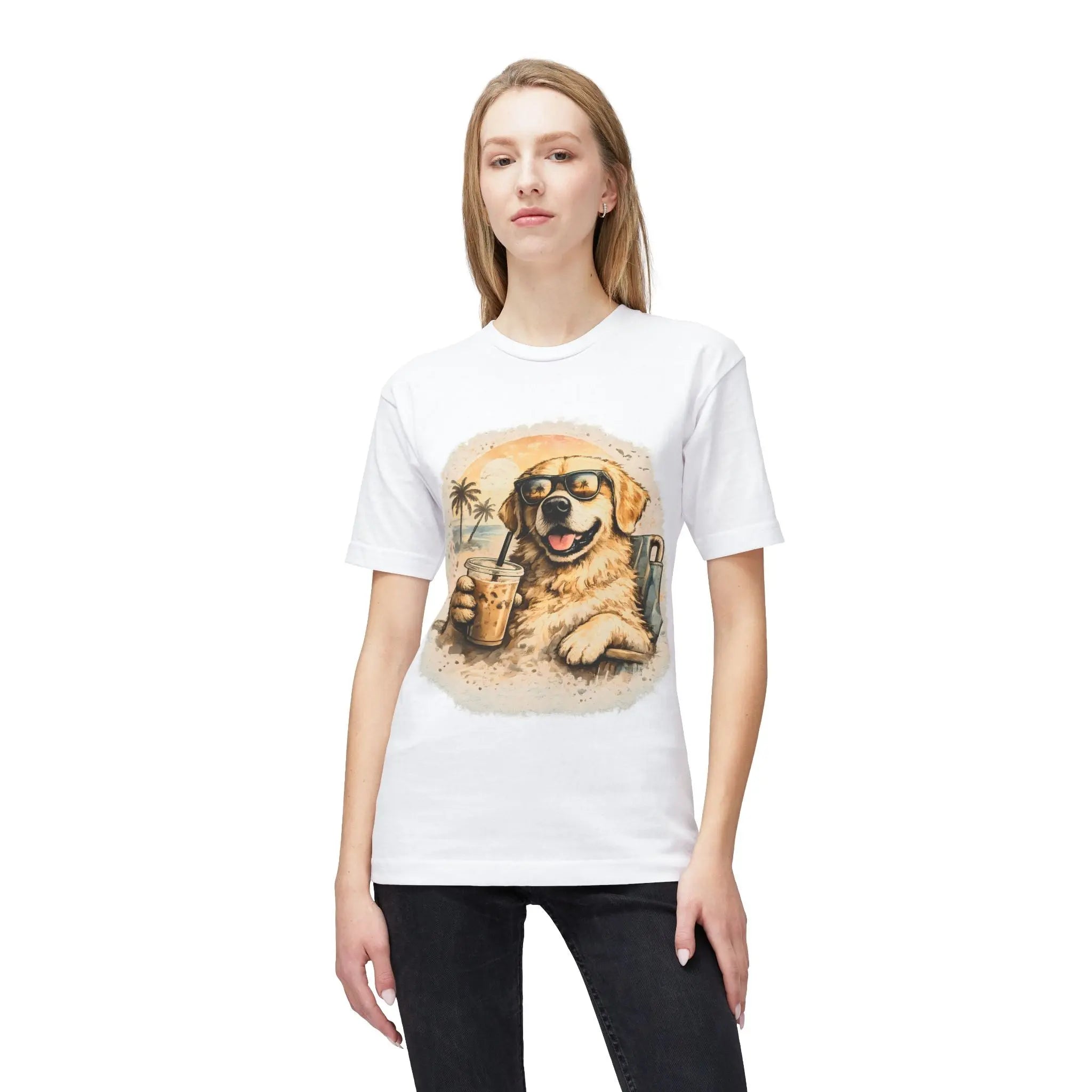 Golden Retriever Beach T-Shirt — Dog with Sunglasses & Drink Printify