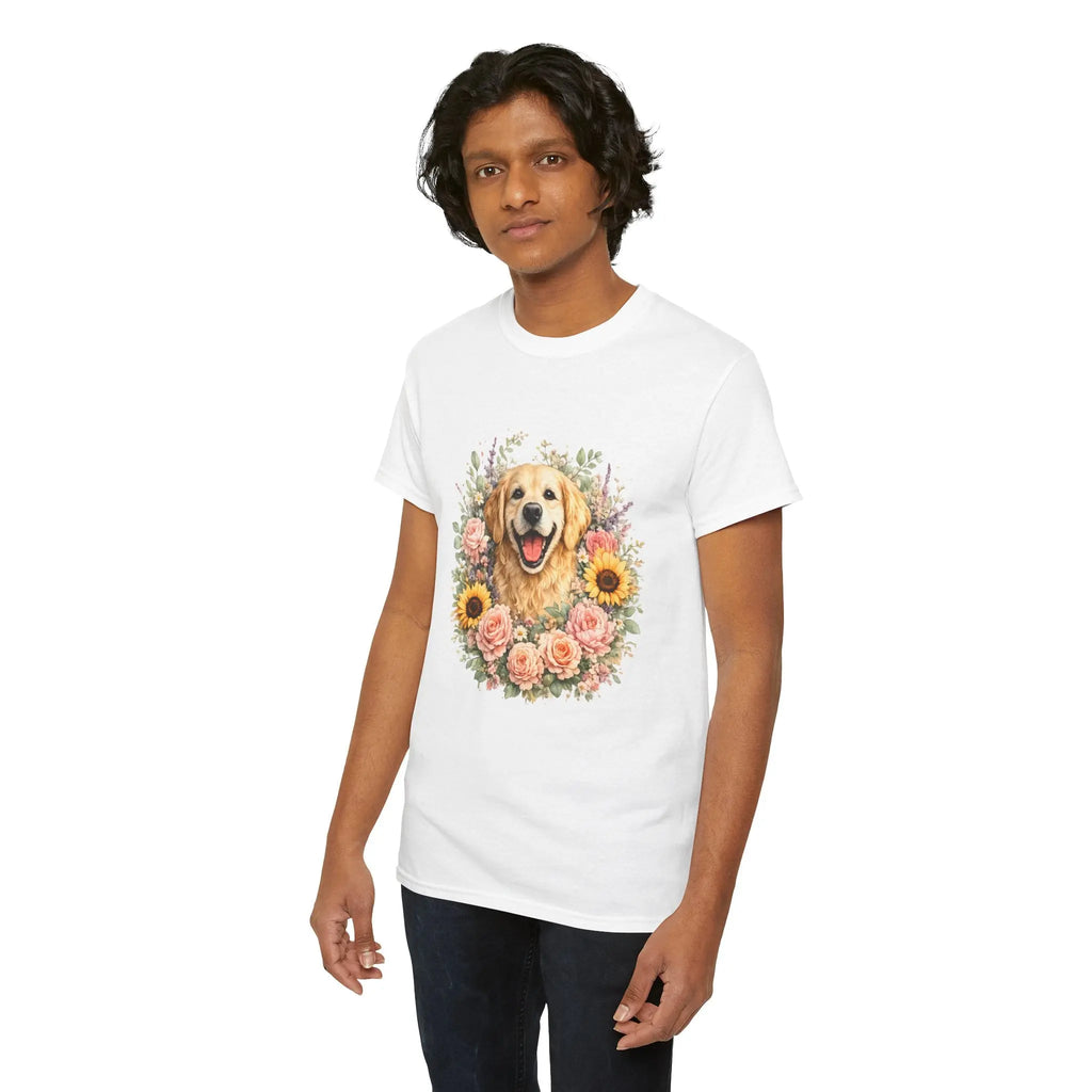 Golden Retriever Floral Tee — Happy Dog with Sunflowers & Roses Printify