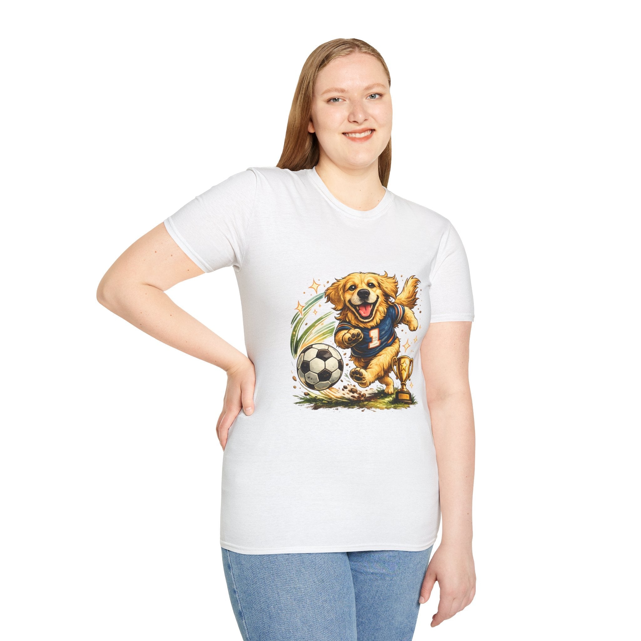 Golden Retriever Soccer T-Shirt — Cute Dog Playing Soccer Graphic Tee Printify