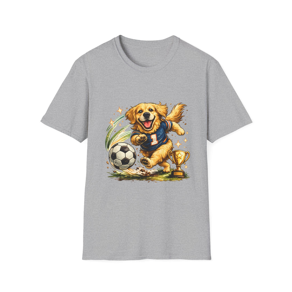 Golden Retriever Soccer T-Shirt — Cute Dog Playing Soccer Graphic Tee Printify