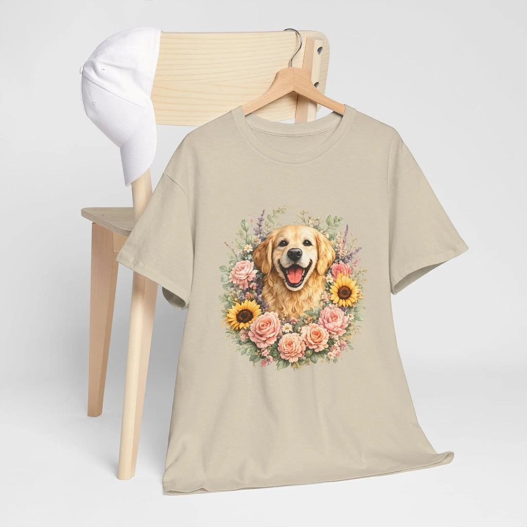 Golden Retriever Floral Tee — Happy Dog with Sunflowers & Roses Printify