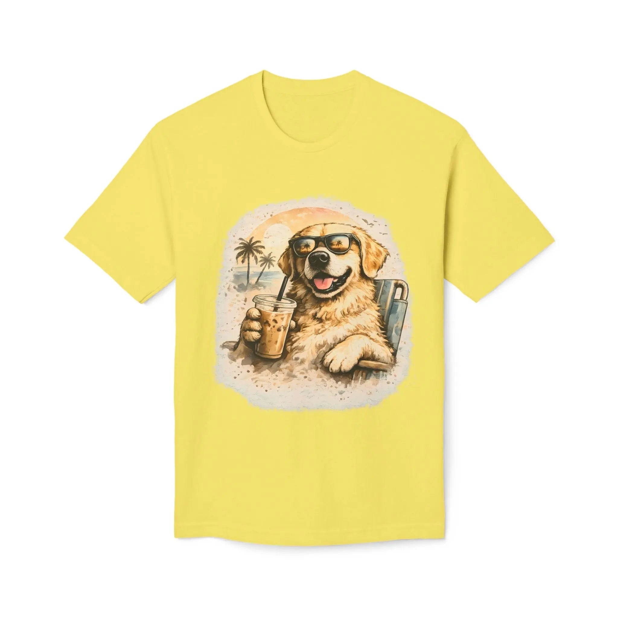 Golden Retriever Beach T-Shirt — Dog with Sunglasses & Drink Printify