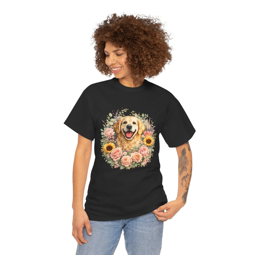 Golden Retriever Floral Tee — Happy Dog with Sunflowers & Roses Printify
