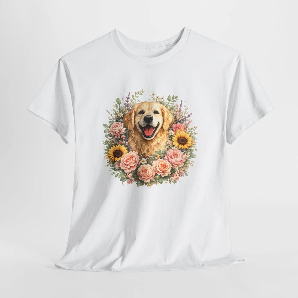 Golden Retriever Floral Tee — Happy Dog with Sunflowers & Roses Printify