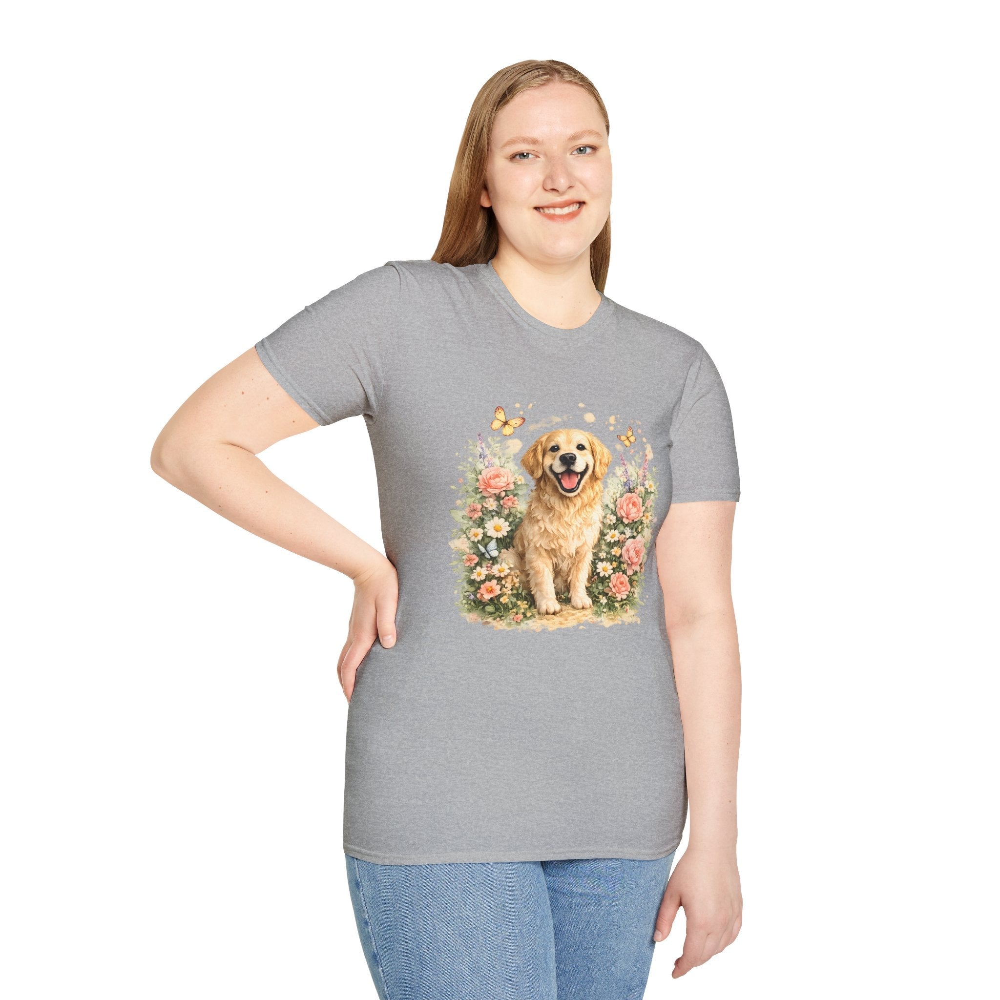 Golden Retriever Floral T-Shirt — Cute Dog with Butterflies Design Printify