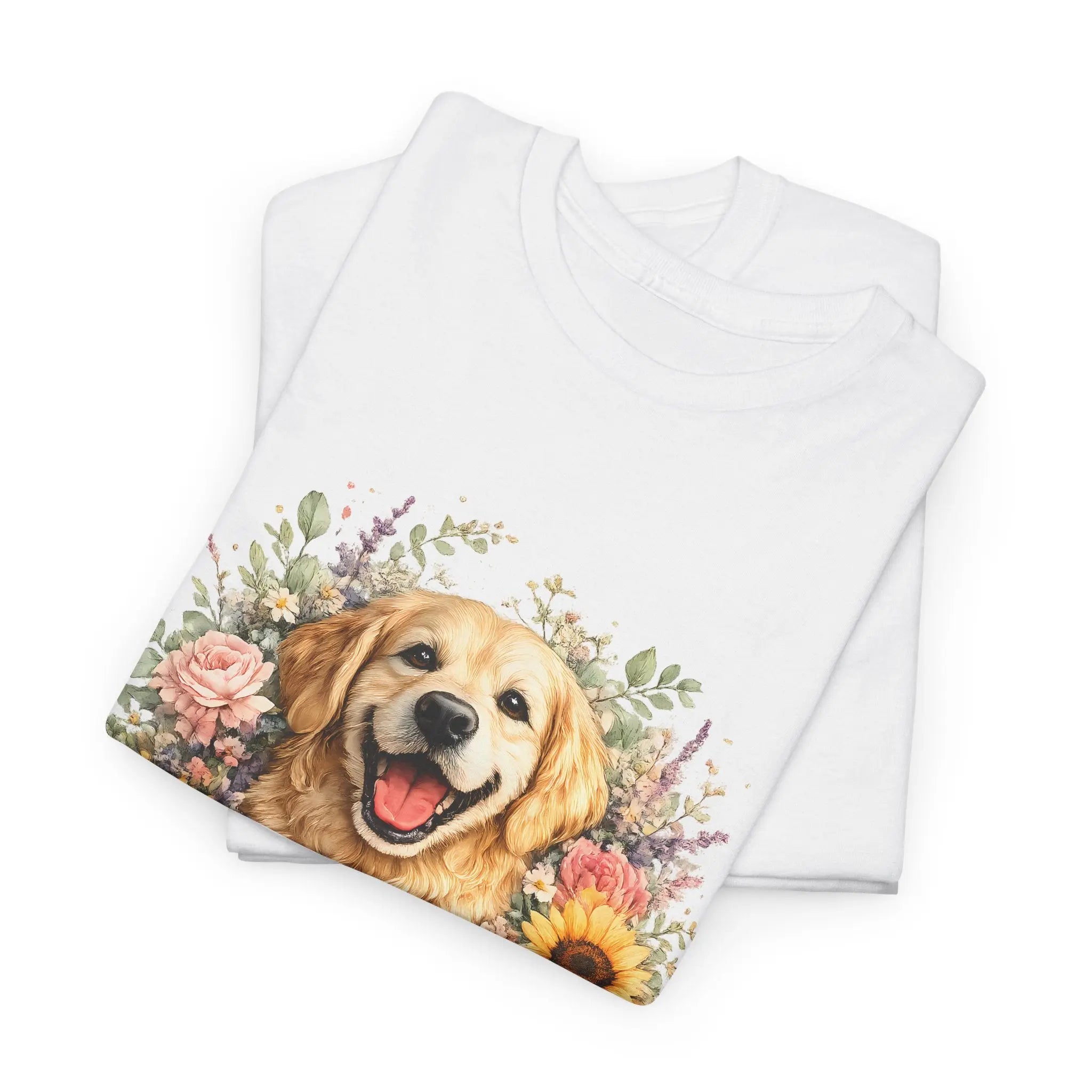 Golden Retriever Floral Tee — Happy Dog with Sunflowers & Roses Printify