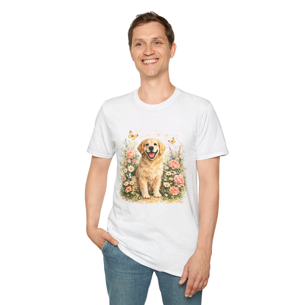 Golden Retriever Floral T-Shirt — Cute Dog with Butterflies Design Printify