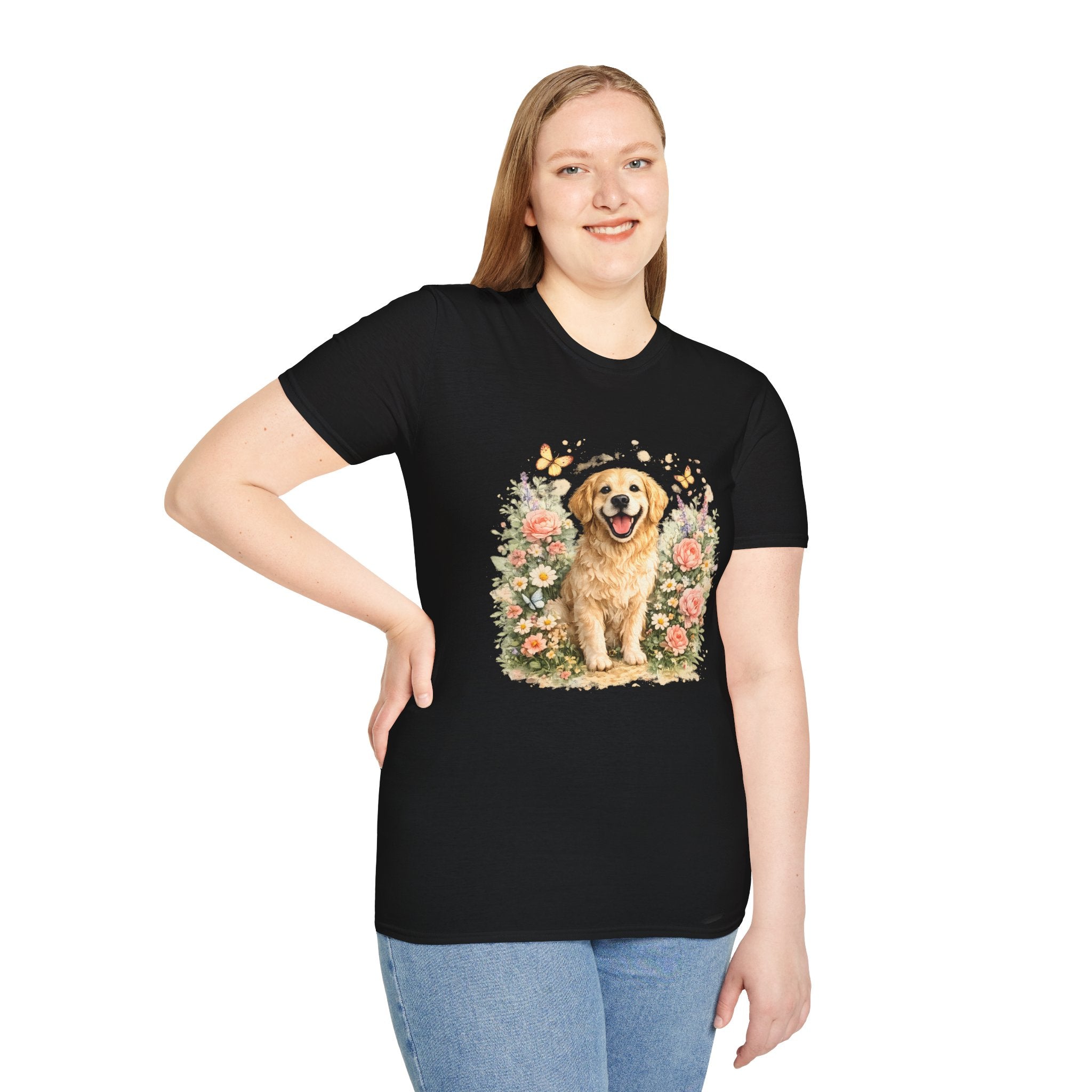 Golden Retriever Floral T-Shirt — Cute Dog with Butterflies Design Printify