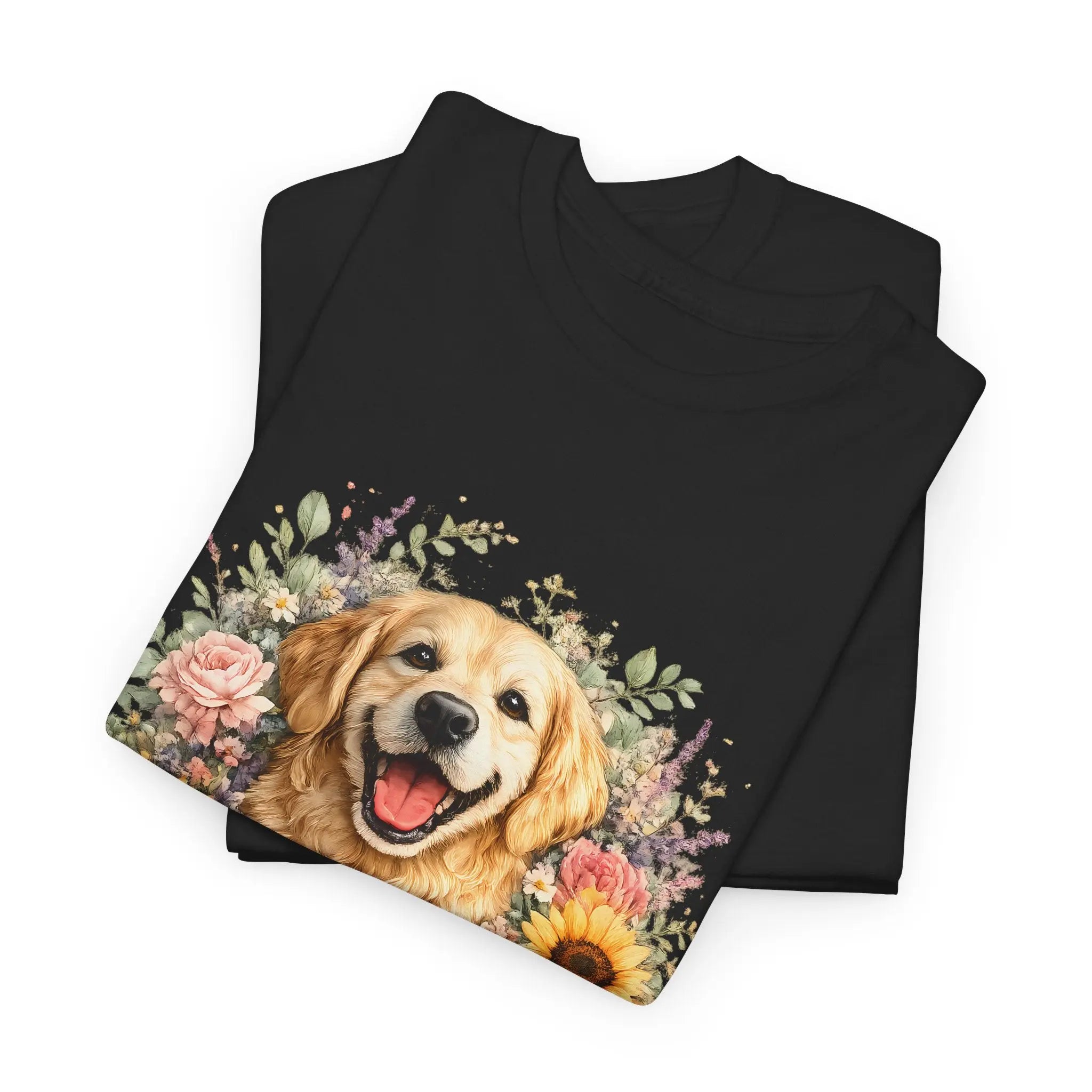 Golden Retriever Floral Tee — Happy Dog with Sunflowers & Roses Printify
