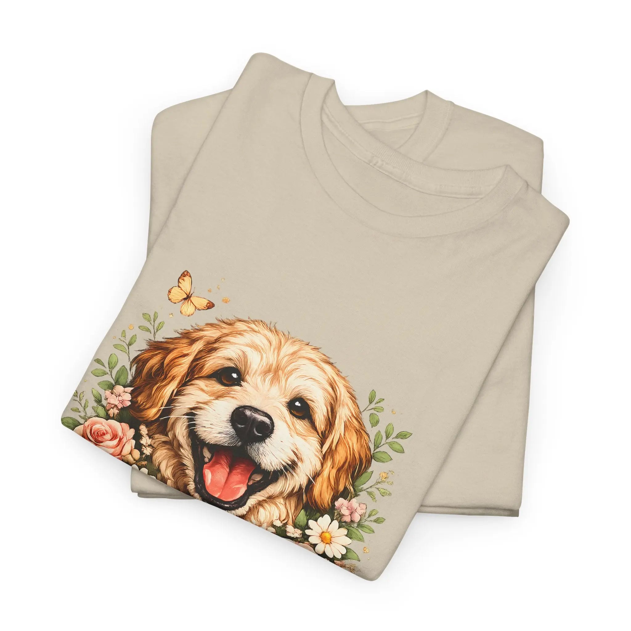 Golden Retriever Floral Tee — Happy Dog with Sunflowers Graphic T-Shirt Printify