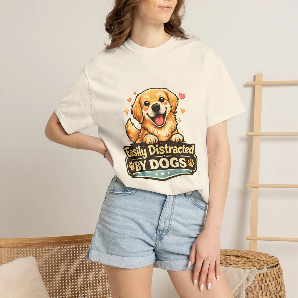 Dog Lover T-Shirt - "Easily Distracted By Dogs" Cute Golden Retriever Tee