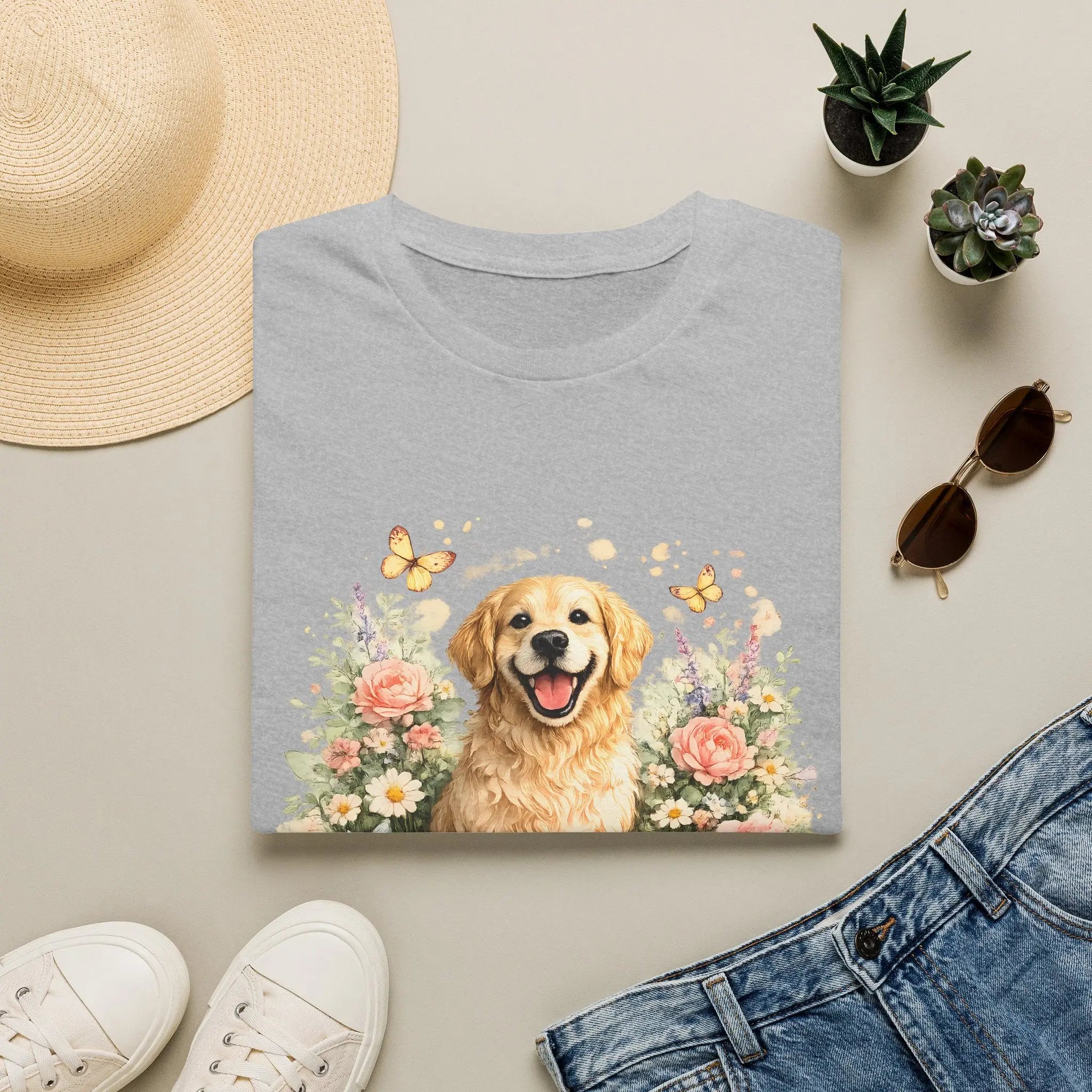 Golden Retriever Floral T-Shirt — Cute Dog with Butterflies Design Printify
