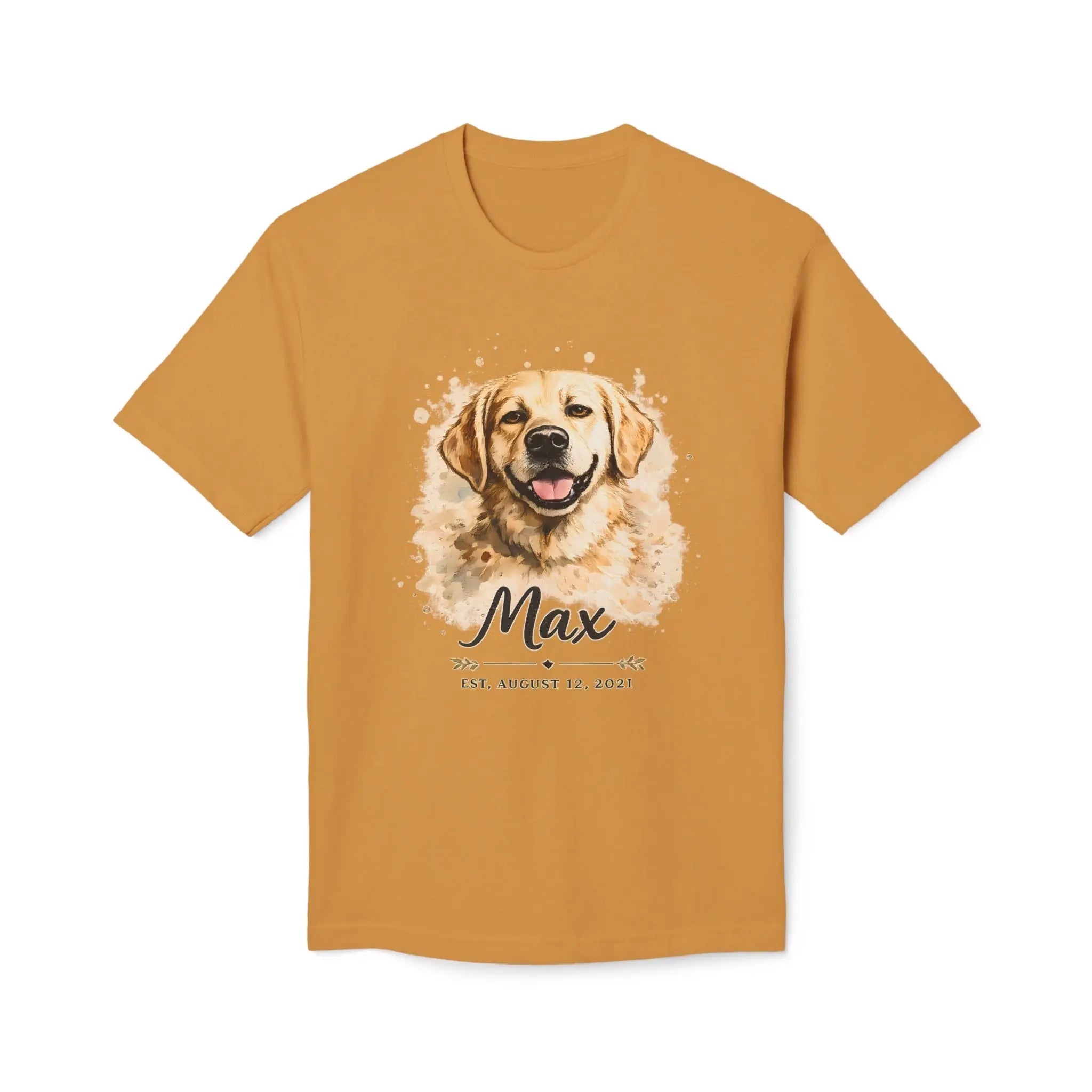 Personalized Dog Portrait Memorial T-Shirt — "Max" Name & Date Printify