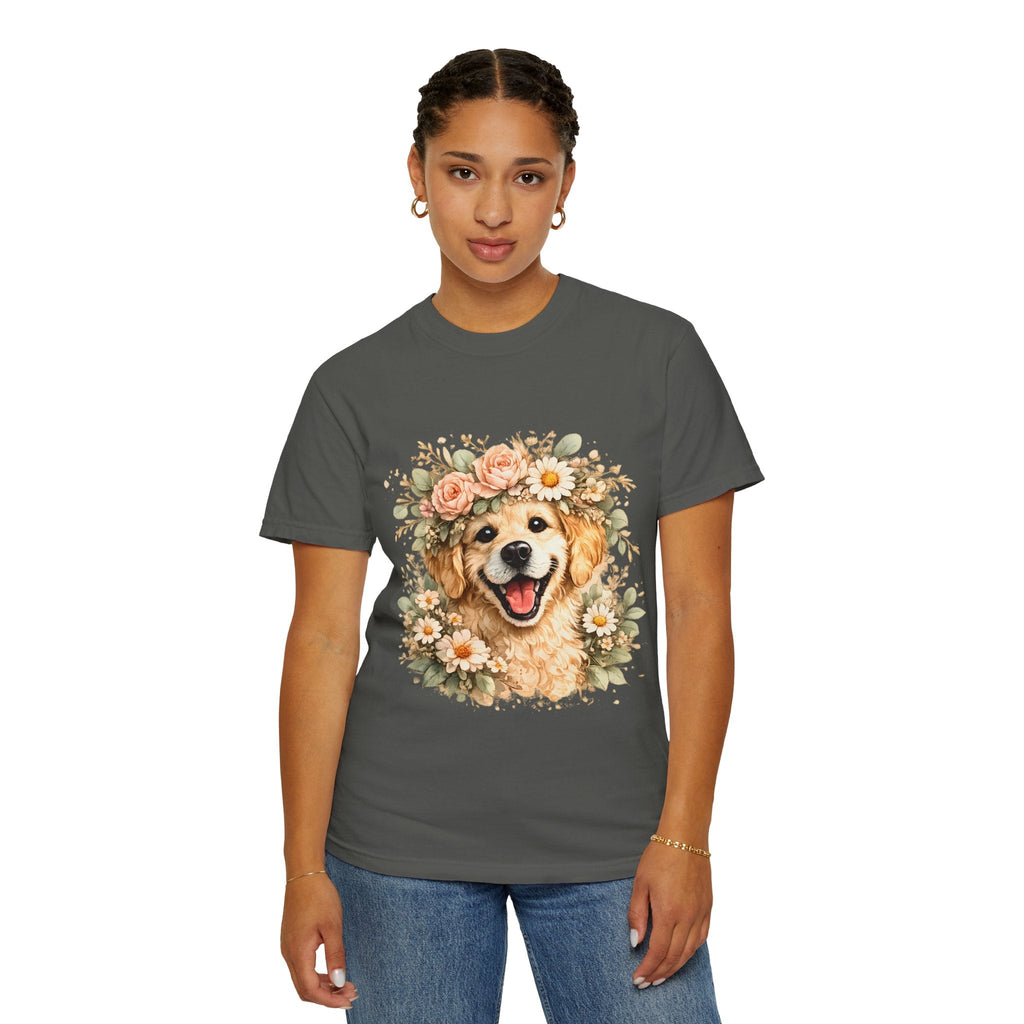Golden Retriever Floral Crown T-Shirt — Cute Dog Tee for Pet Lovers Printify