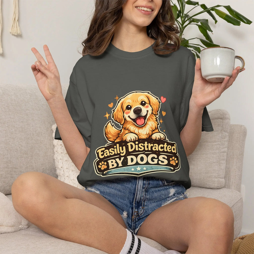 Dog Lover T-Shirt - "Easily Distracted By Dogs" Cute Golden Retriever Tee