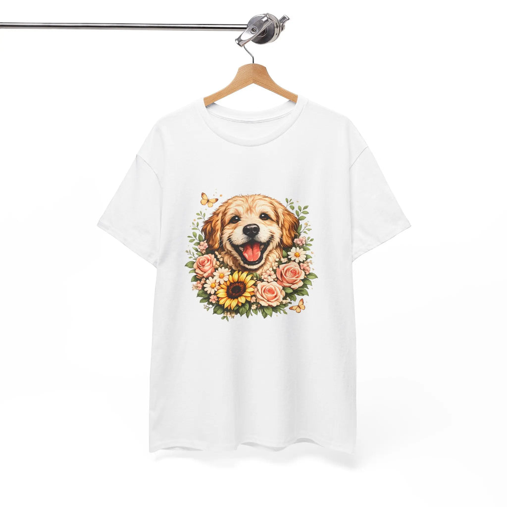 Golden Retriever Floral Tee — Happy Dog with Sunflowers Graphic T-Shirt Printify