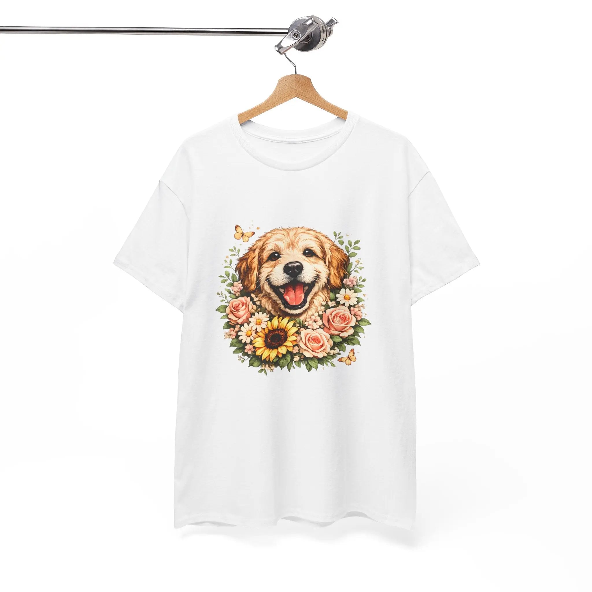 Golden Retriever Floral Tee — Happy Dog with Sunflowers Graphic T-Shirt Printify