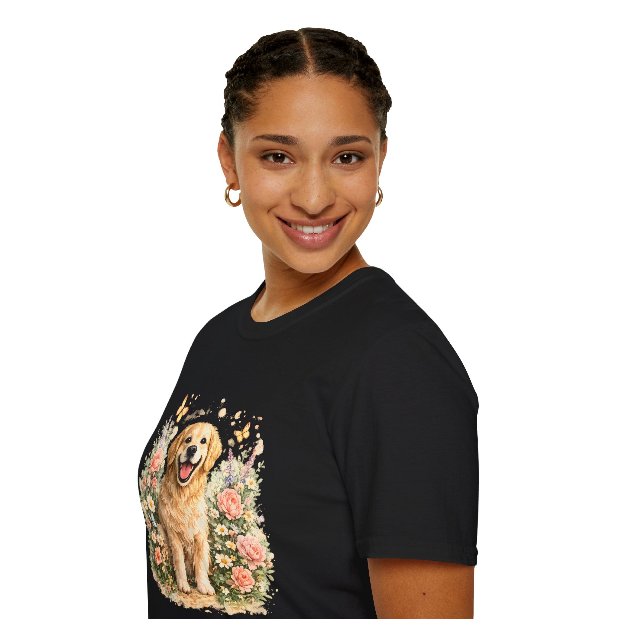Golden Retriever Floral T-Shirt — Cute Dog with Butterflies Design Printify