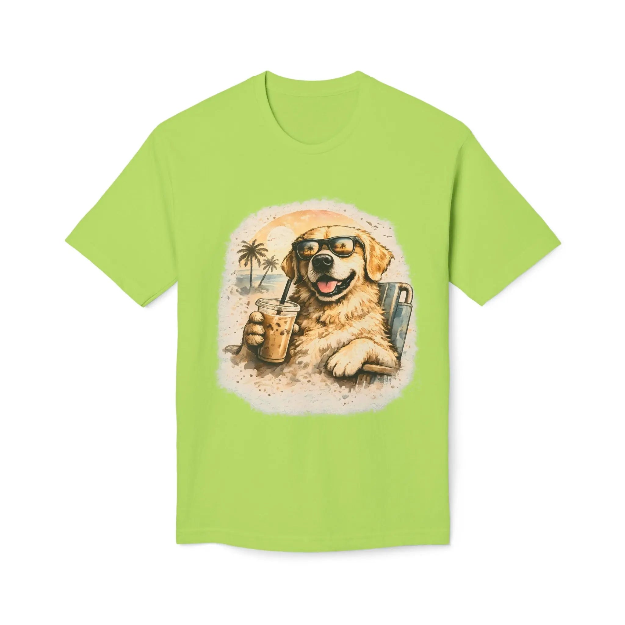 Golden Retriever Beach T-Shirt — Dog with Sunglasses & Drink Printify