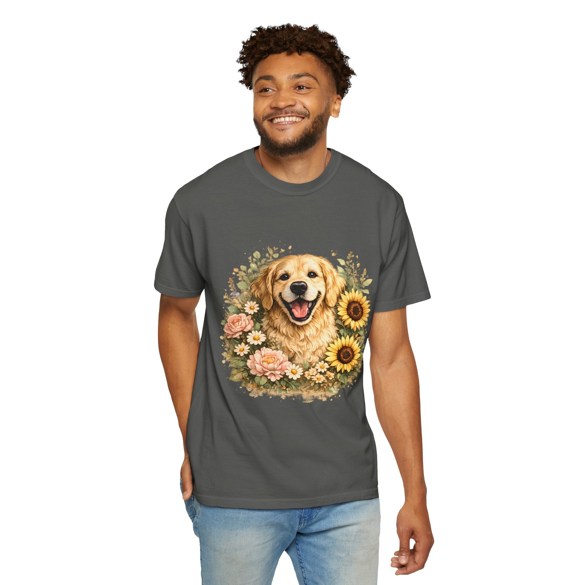 Golden Retriever Sunflower T-Shirt — Happy Dog Floral Tee Printify