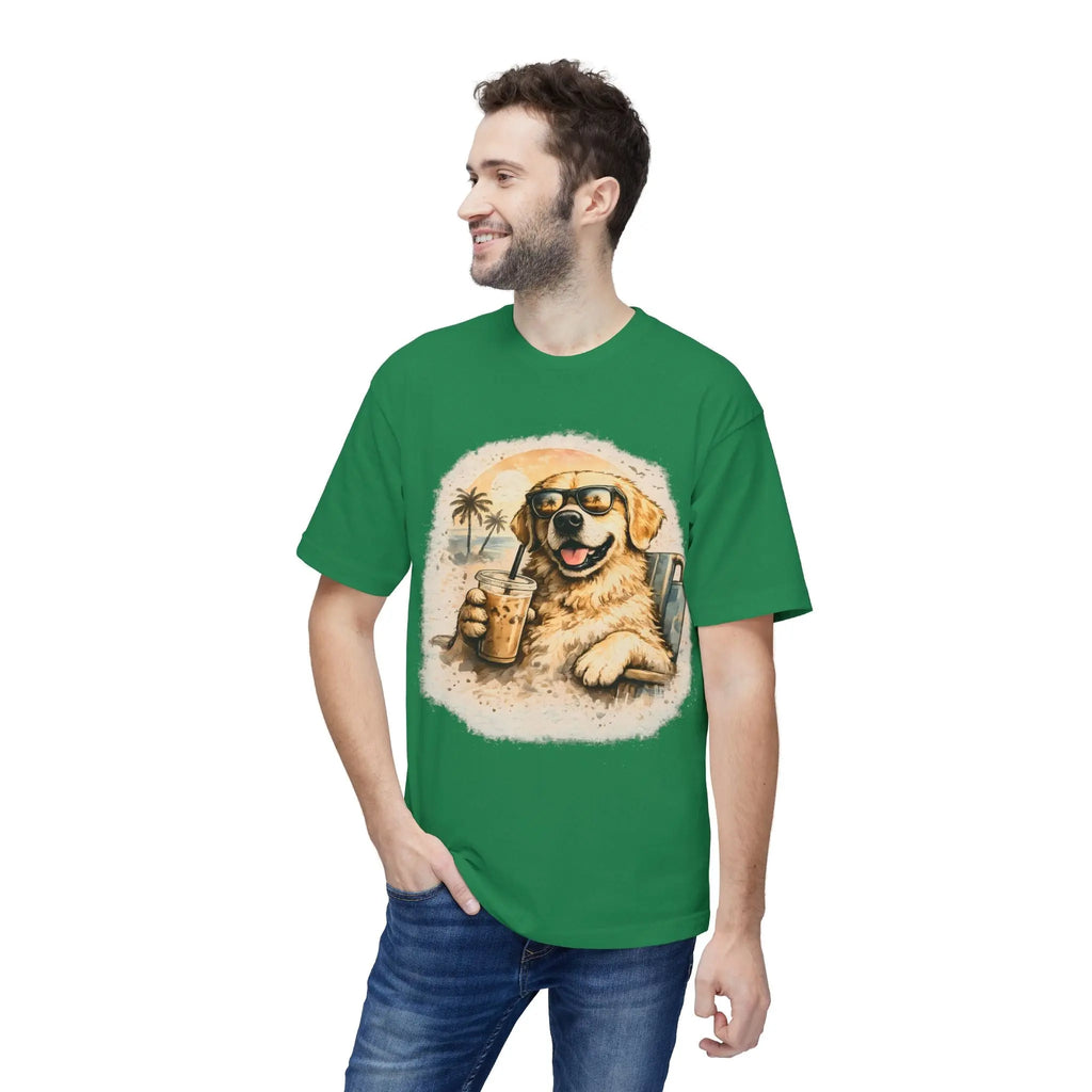 Golden Retriever Beach T-Shirt — Dog with Sunglasses & Drink Printify