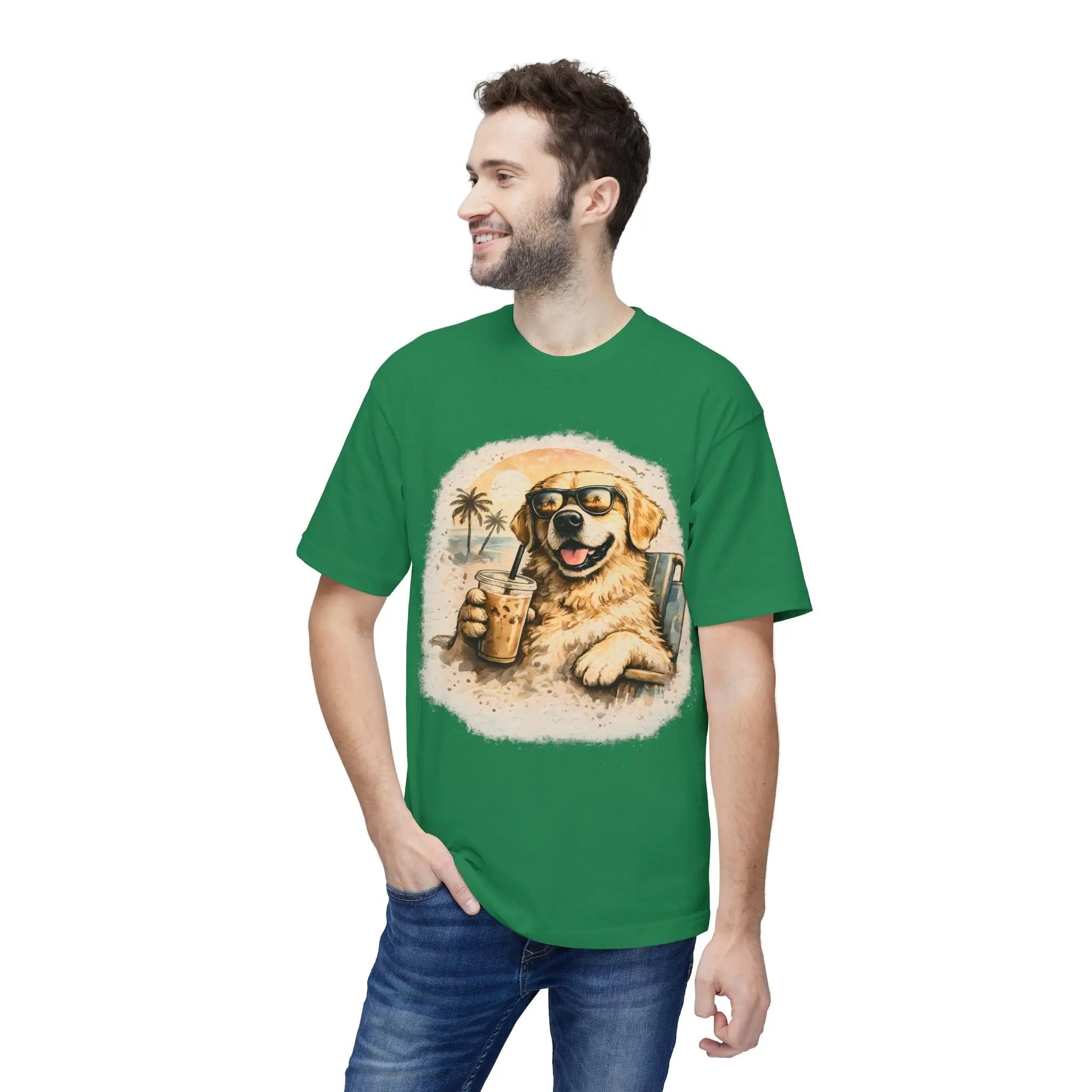 Golden Retriever Beach T-Shirt — Dog with Sunglasses & Drink Printify