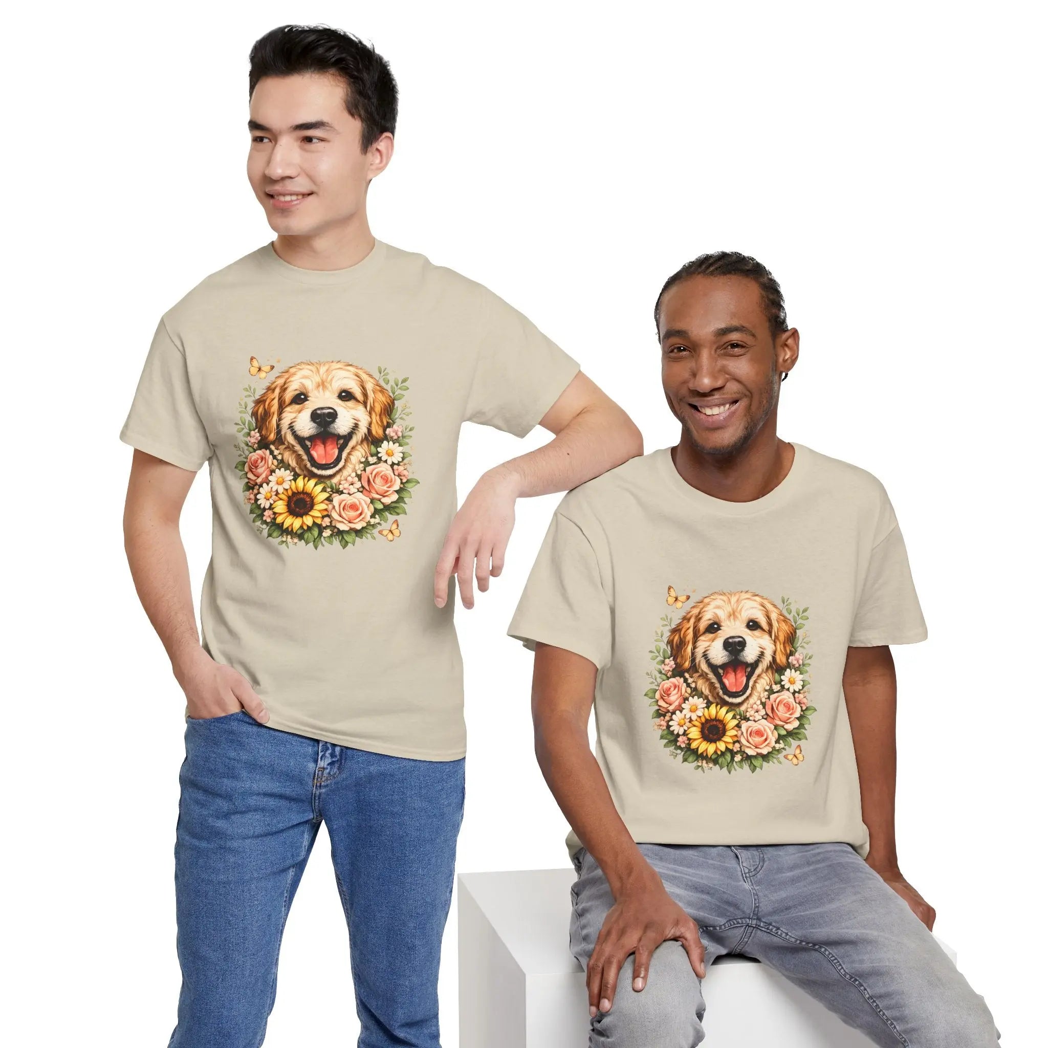Golden Retriever Floral Tee — Happy Dog with Sunflowers Graphic T-Shirt Printify