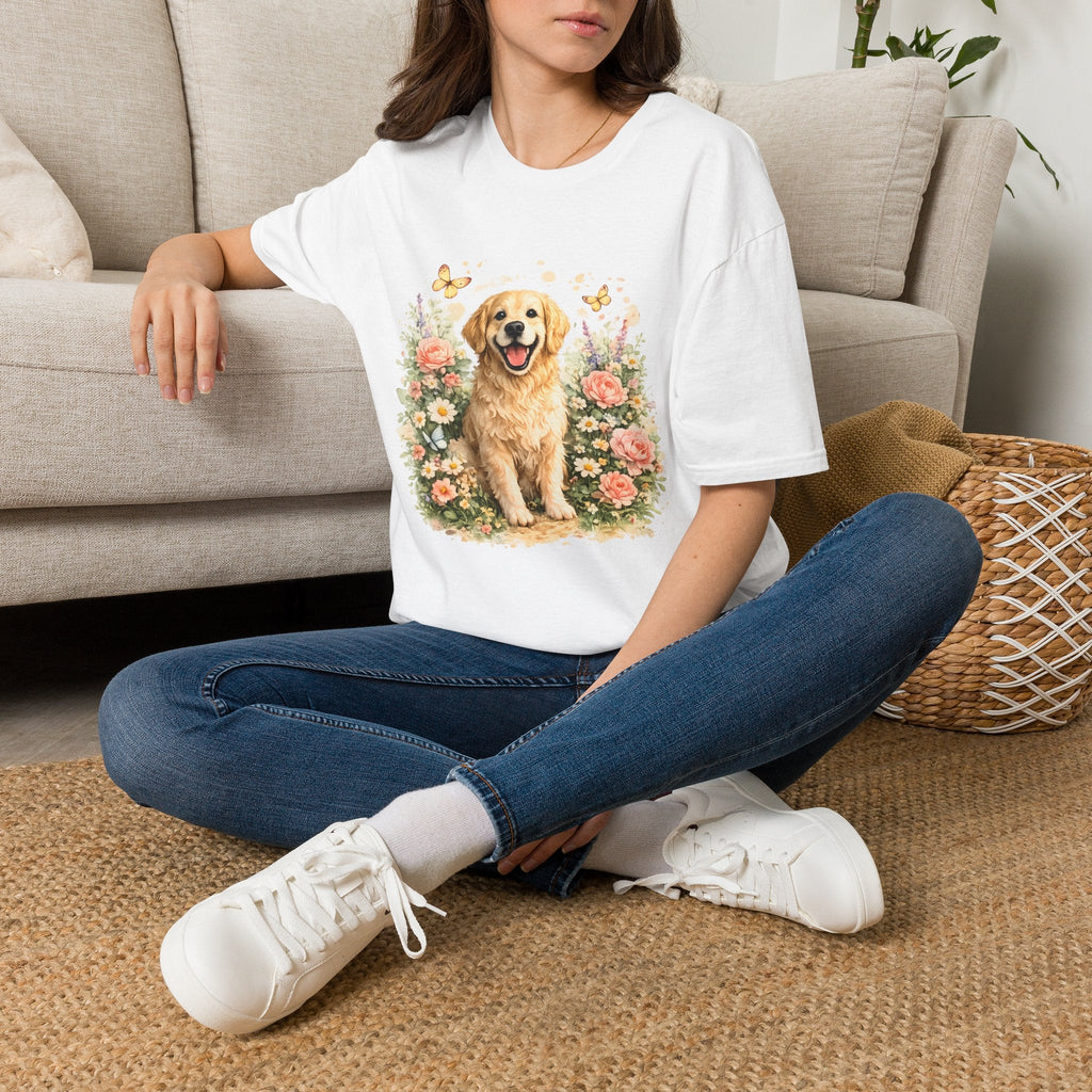 Golden Retriever Floral T-Shirt — Cute Dog with Butterflies Design Printify
