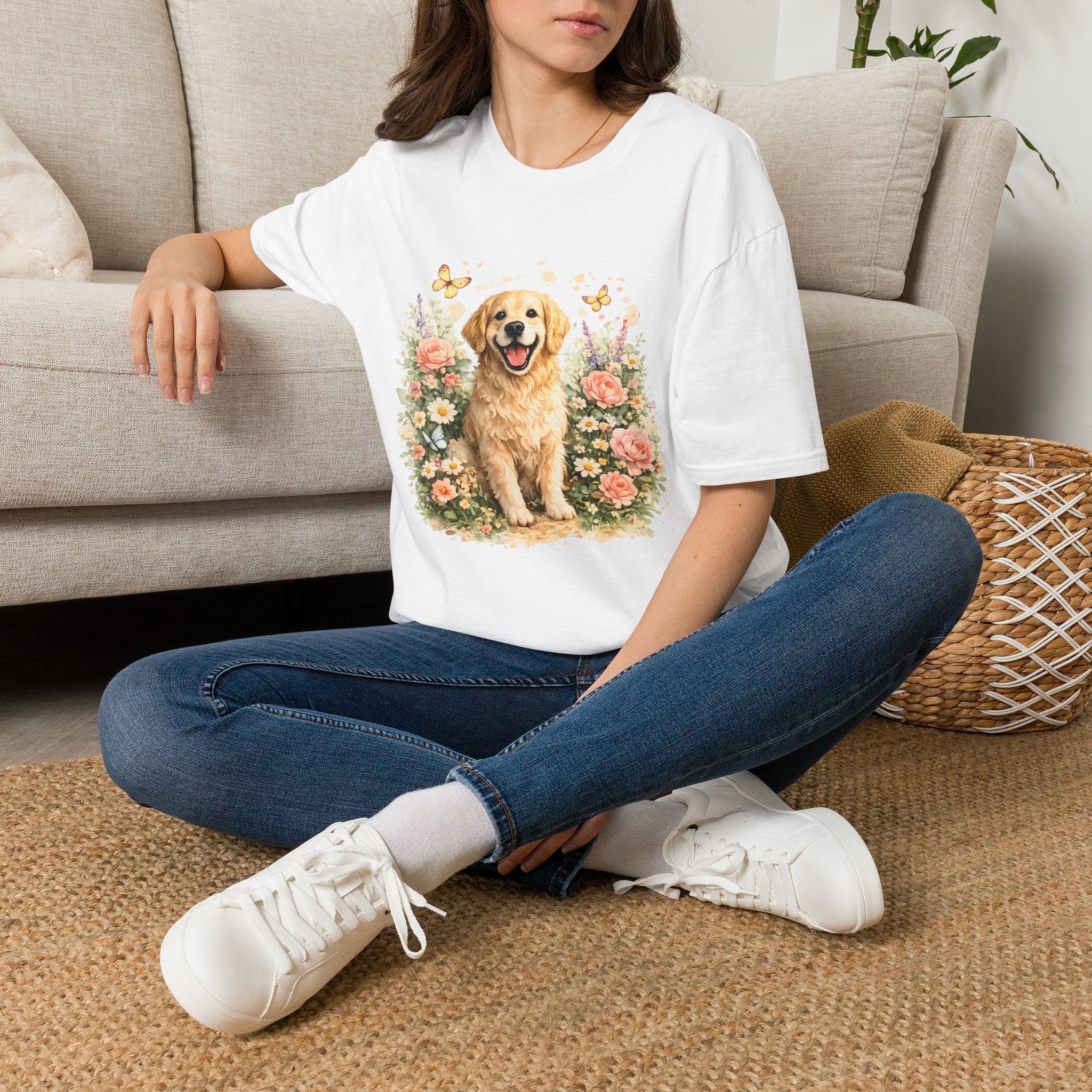 Golden Retriever Floral T-Shirt — Cute Dog with Butterflies Design Printify