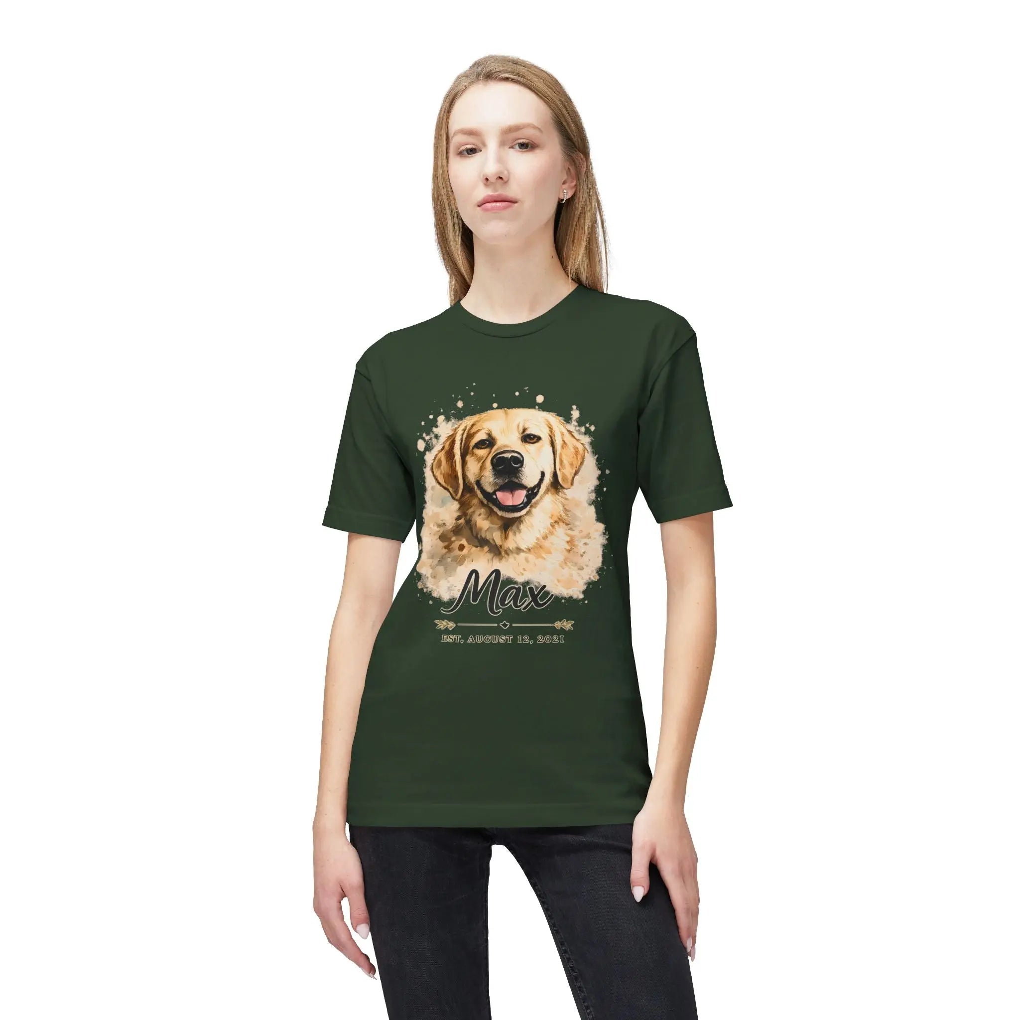 Personalized Dog Portrait Memorial T-Shirt — "Max" Name & Date Printify