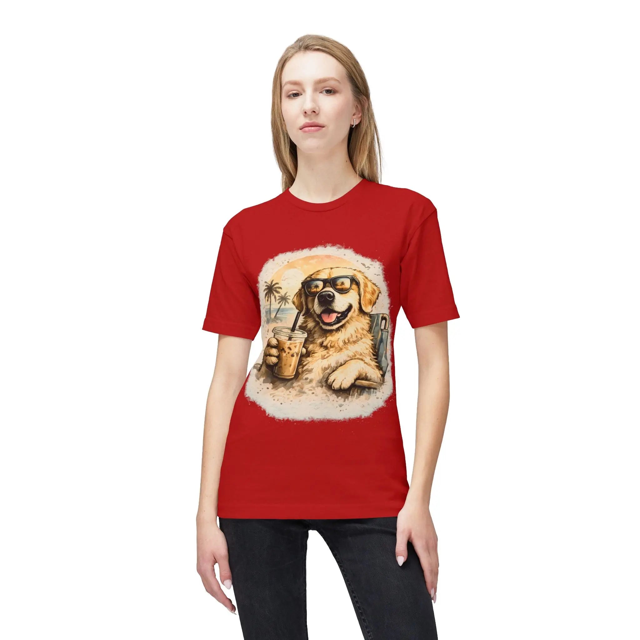 Golden Retriever Beach T-Shirt — Dog with Sunglasses & Drink Printify