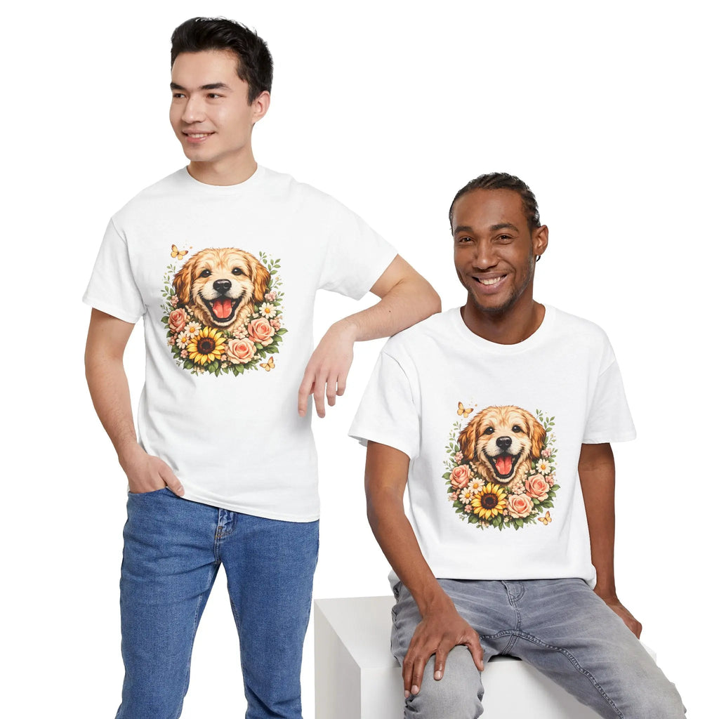 Golden Retriever Floral Tee — Happy Dog with Sunflowers Graphic T-Shirt Printify