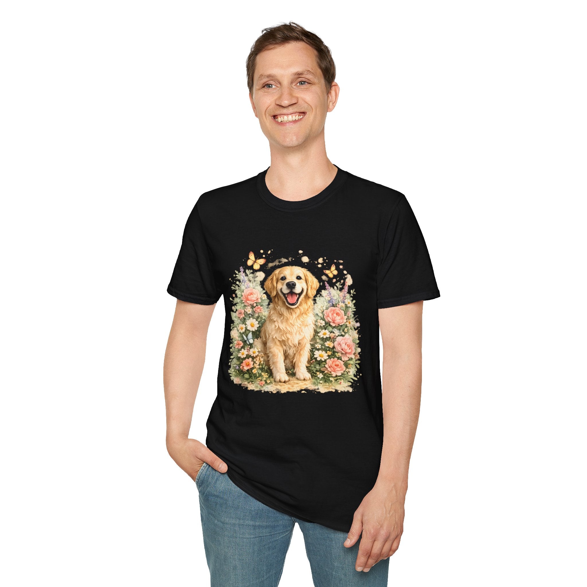 Golden Retriever Floral T-Shirt — Cute Dog with Butterflies Design Printify
