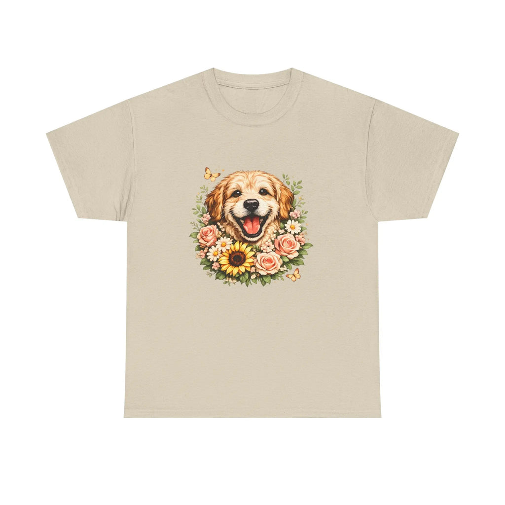 Golden Retriever Floral Tee — Happy Dog with Sunflowers Graphic T-Shirt Printify