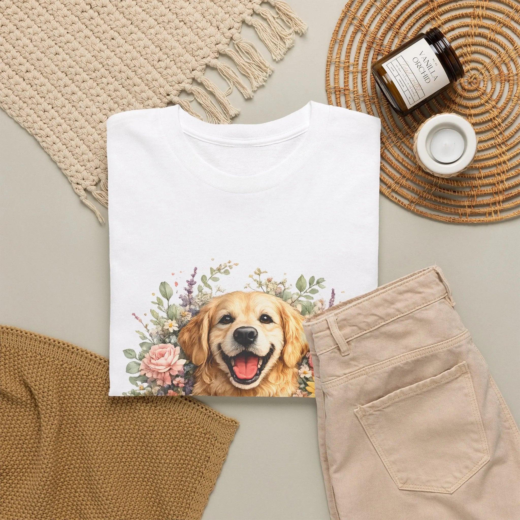 Golden Retriever Floral Tee — Happy Dog with Sunflowers & Roses Printify