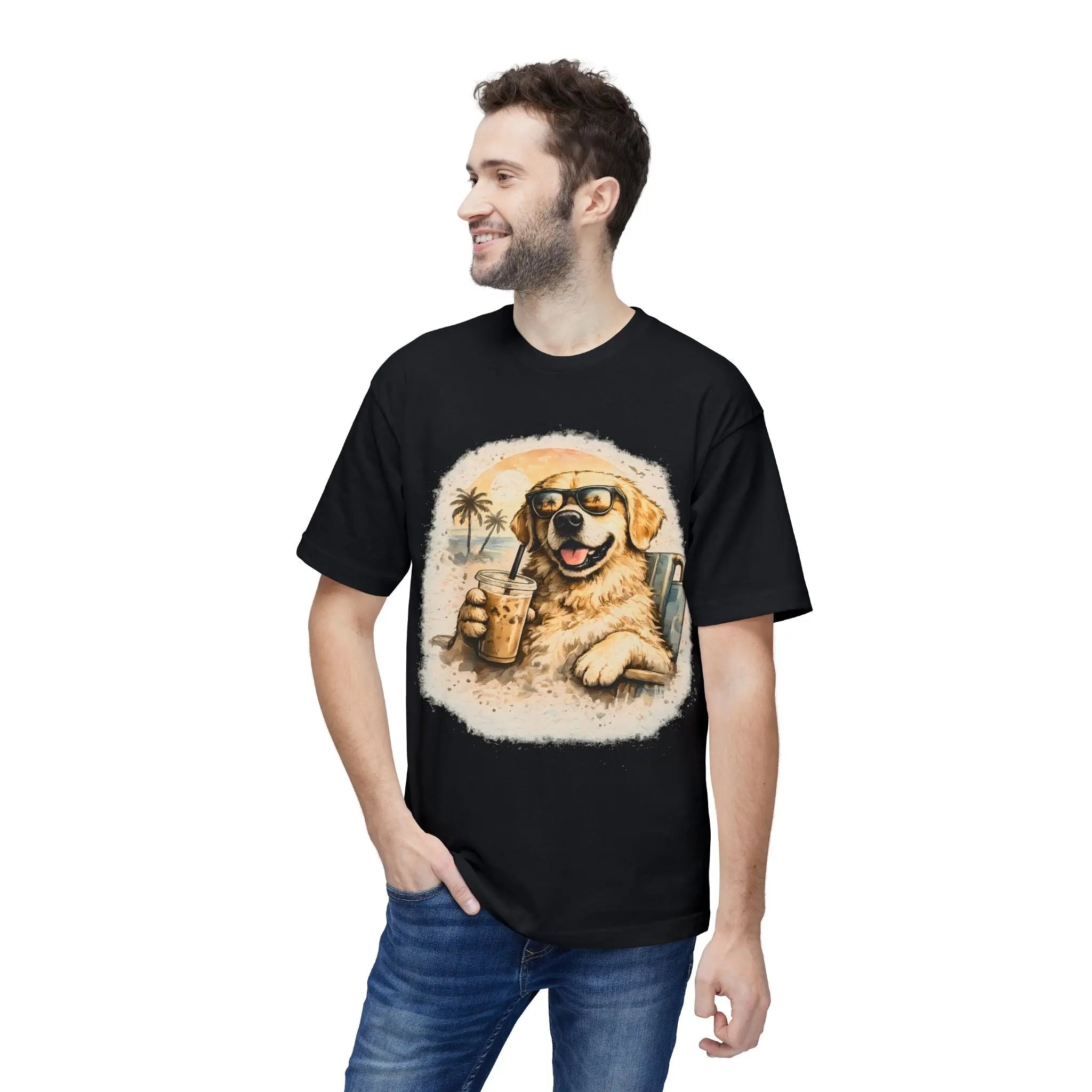 Golden Retriever Beach T-Shirt — Dog with Sunglasses & Drink Printify