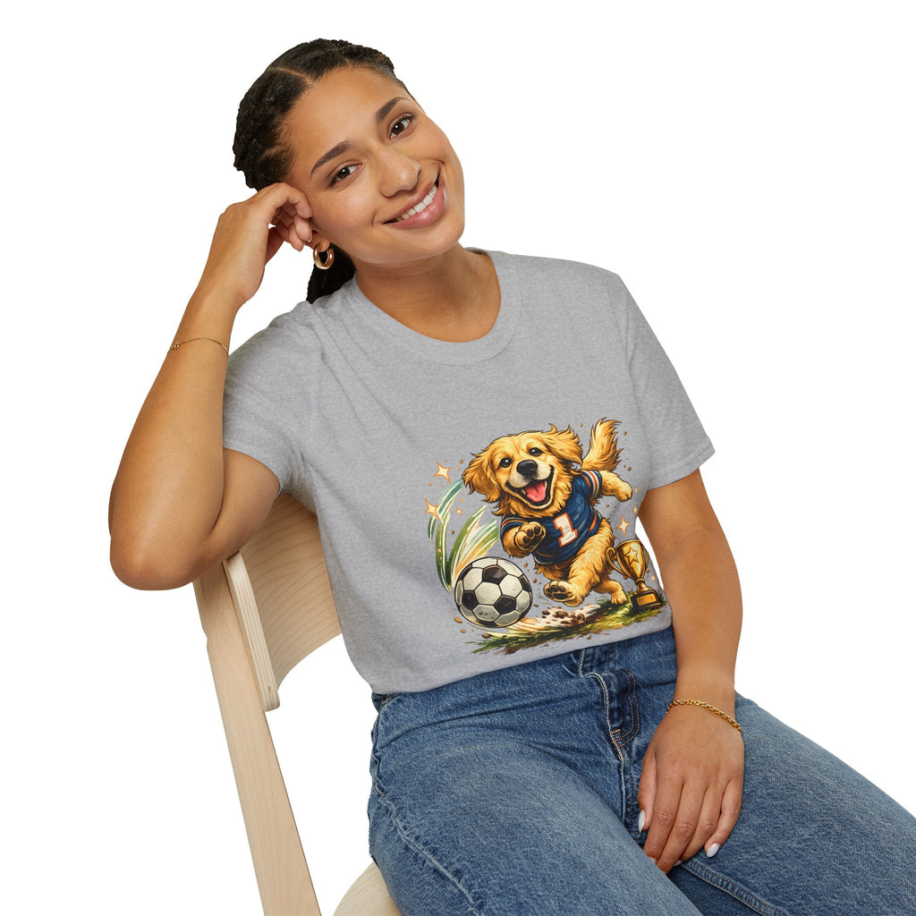 Golden Retriever Soccer T-Shirt — Cute Dog Playing Soccer Graphic Tee Printify