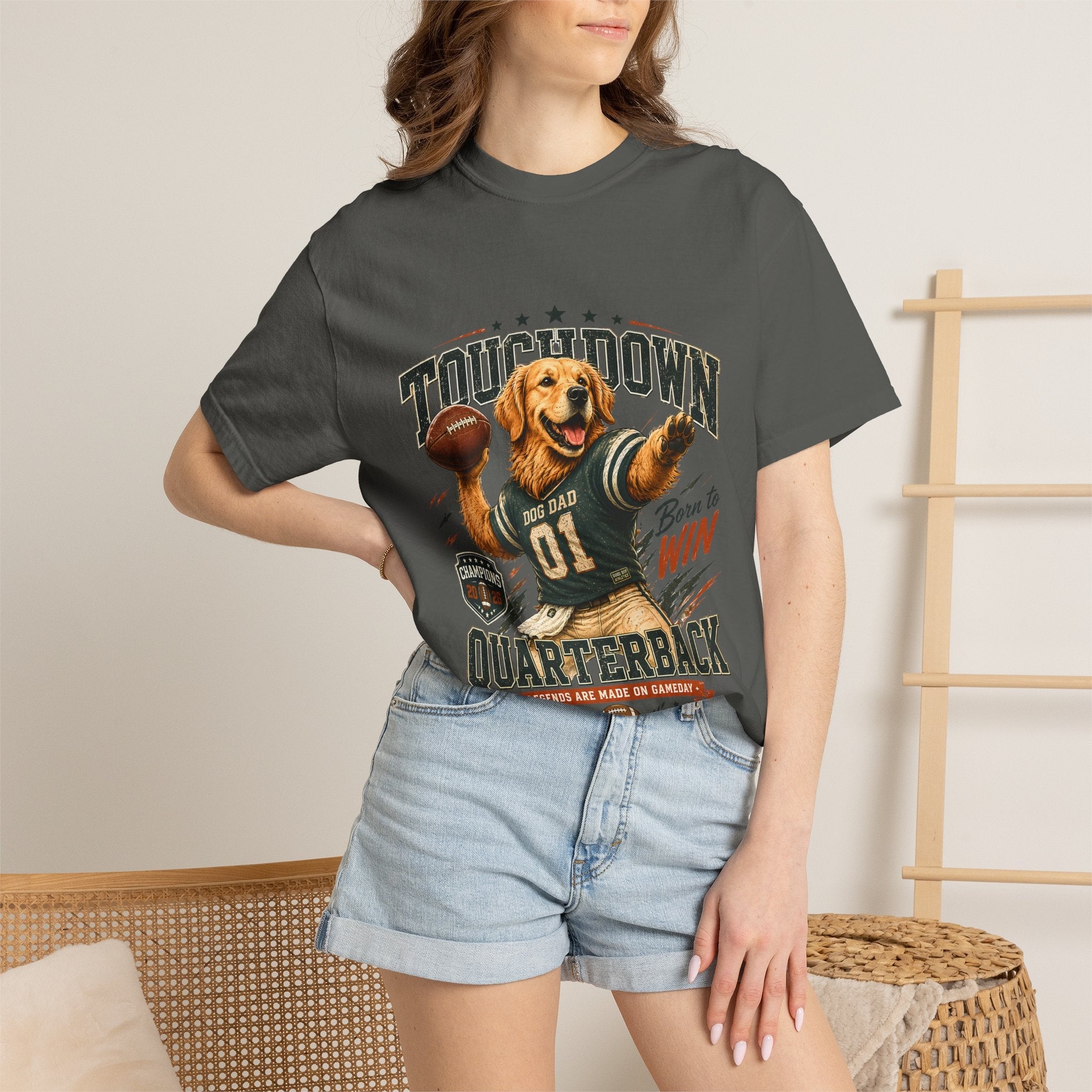Touchdown Quarterback T-Shirt — Cute Golden Retriever Football Tee (Born to Win) Printify
