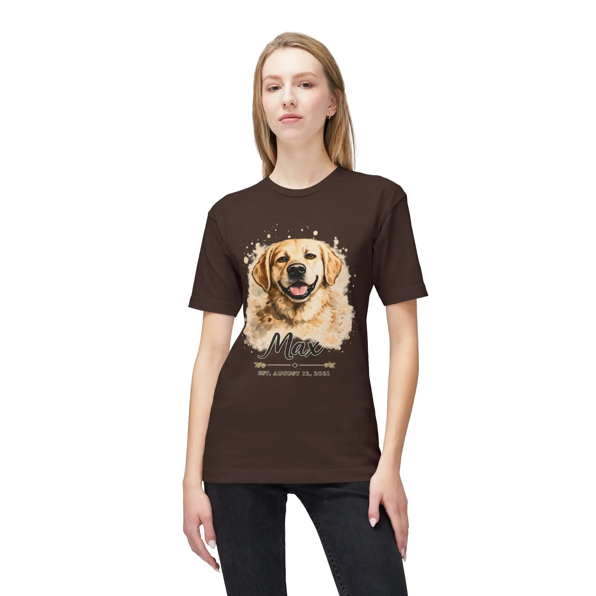 Personalized Dog Portrait Memorial T-Shirt — "Max" Name & Date Printify