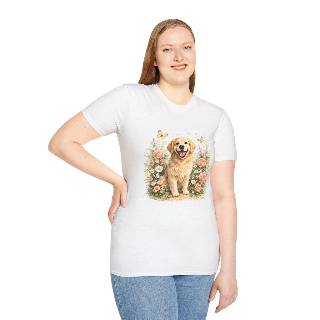 Golden Retriever Floral T-Shirt — Cute Dog with Butterflies Design Printify