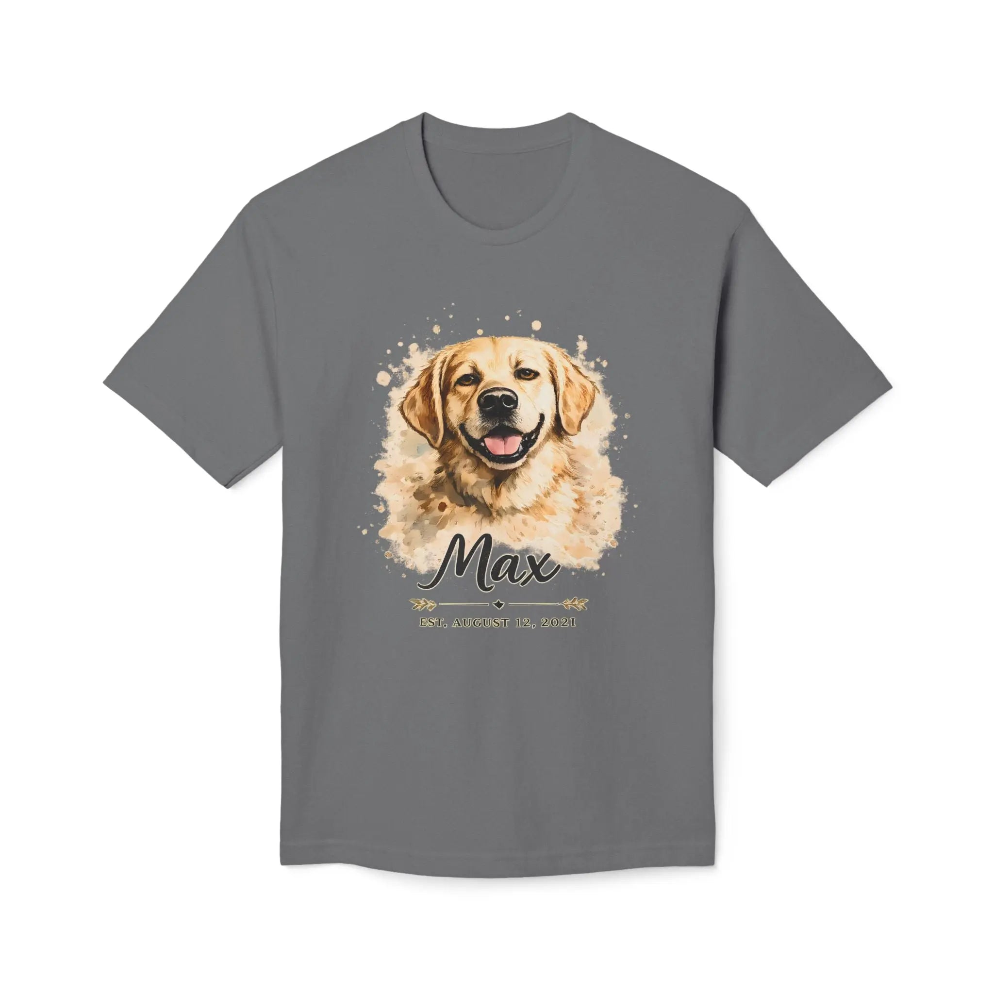 Personalized Dog Portrait Memorial T-Shirt — "Max" Name & Date Printify