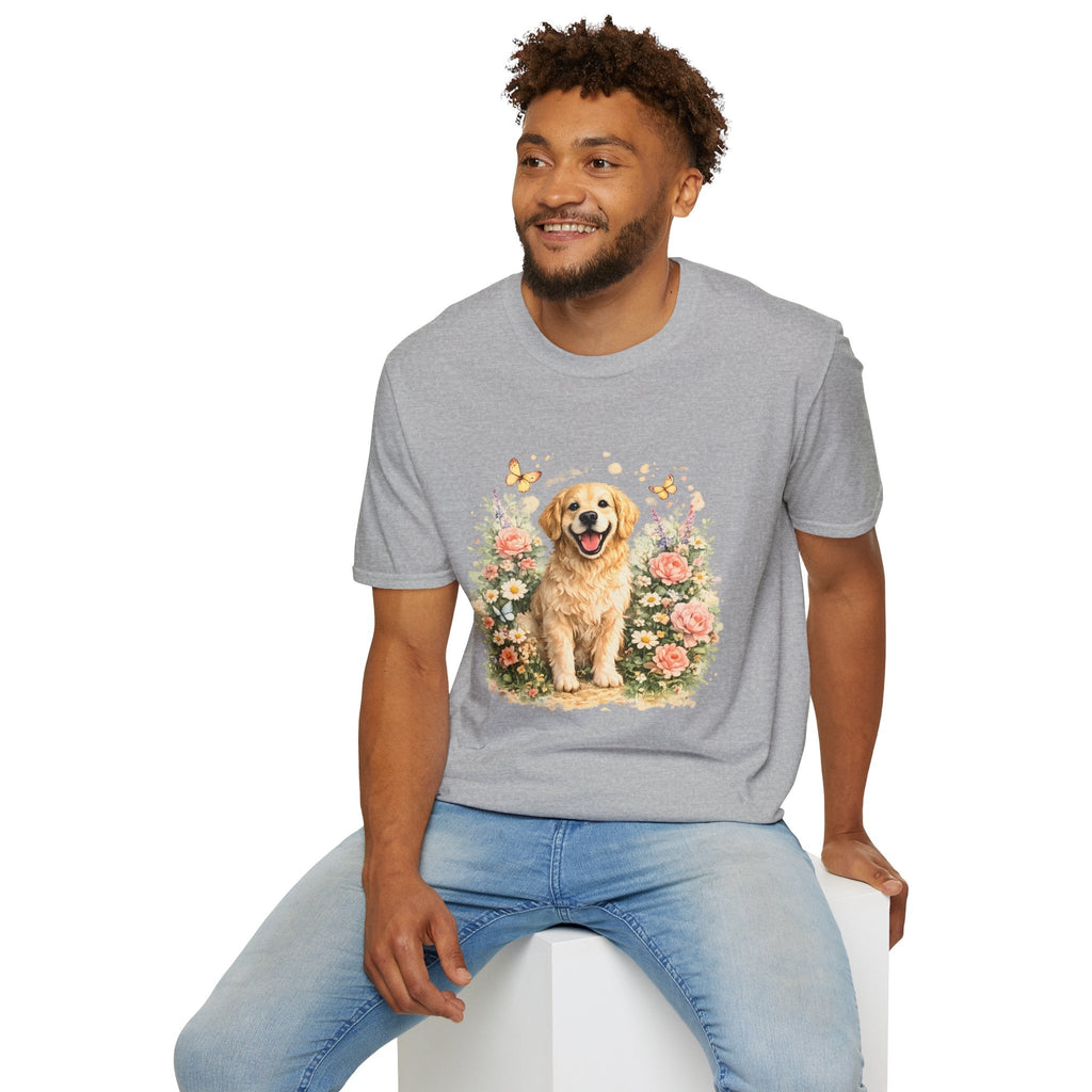 Golden Retriever Floral T-Shirt — Cute Dog with Butterflies Design Printify