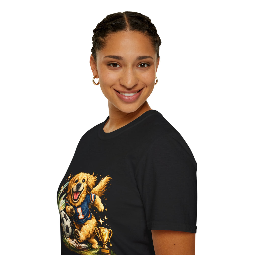 Golden Retriever Soccer T-Shirt — Cute Dog Playing Soccer Graphic Tee Printify