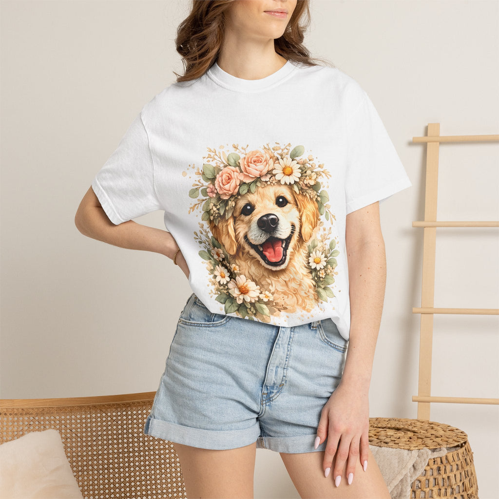 Golden Retriever Floral Crown T-Shirt — Cute Dog Tee for Pet Lovers Printify