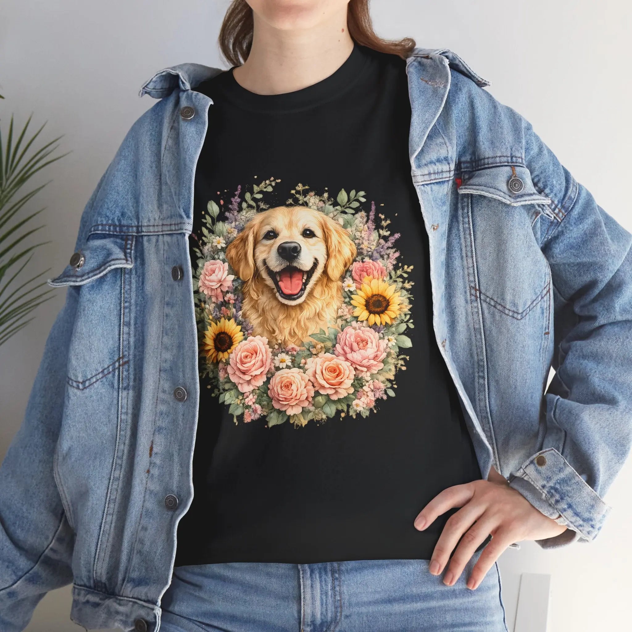 Golden Retriever Floral Tee — Happy Dog with Sunflowers & Roses Printify