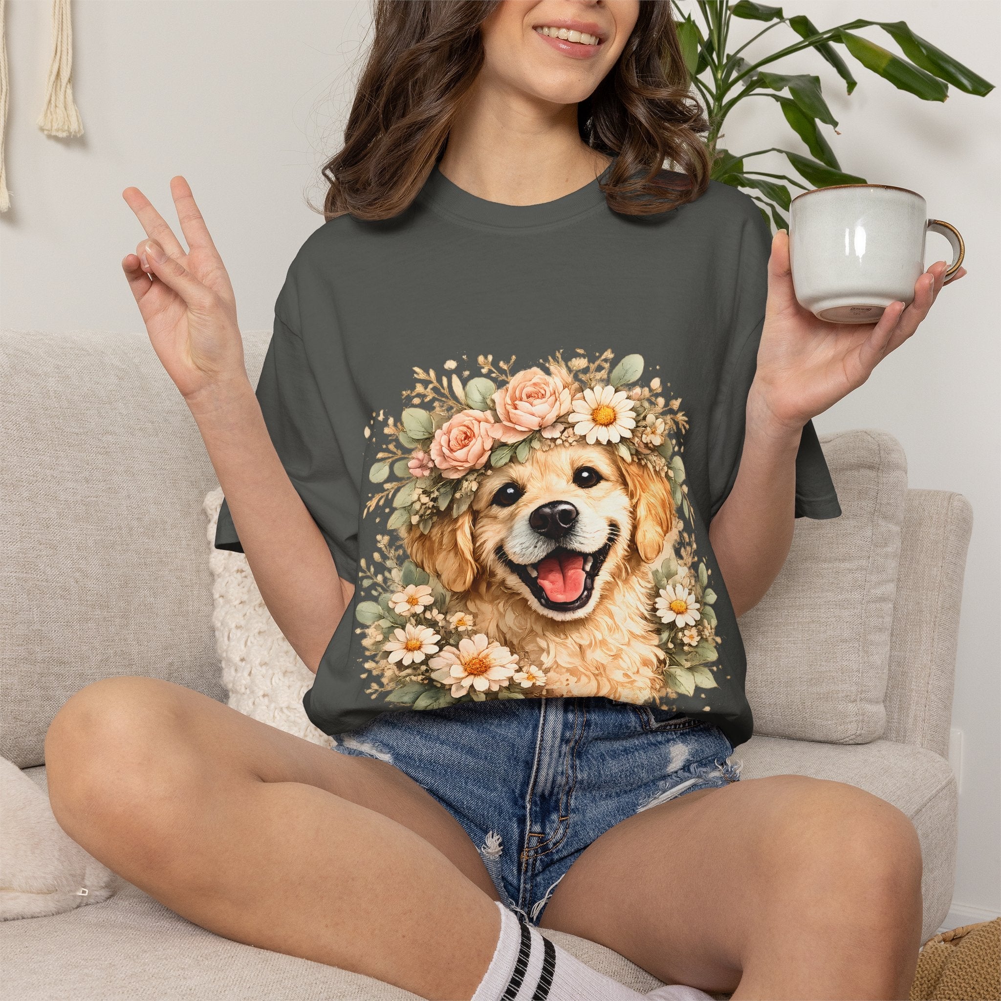 Golden Retriever Floral Crown T-Shirt — Cute Dog Tee for Pet Lovers Printify