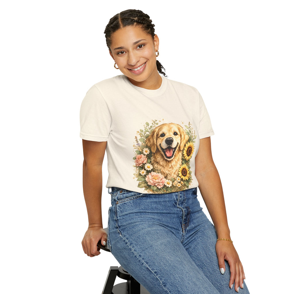 Golden Retriever Sunflower T-Shirt — Happy Dog Floral Tee Printify